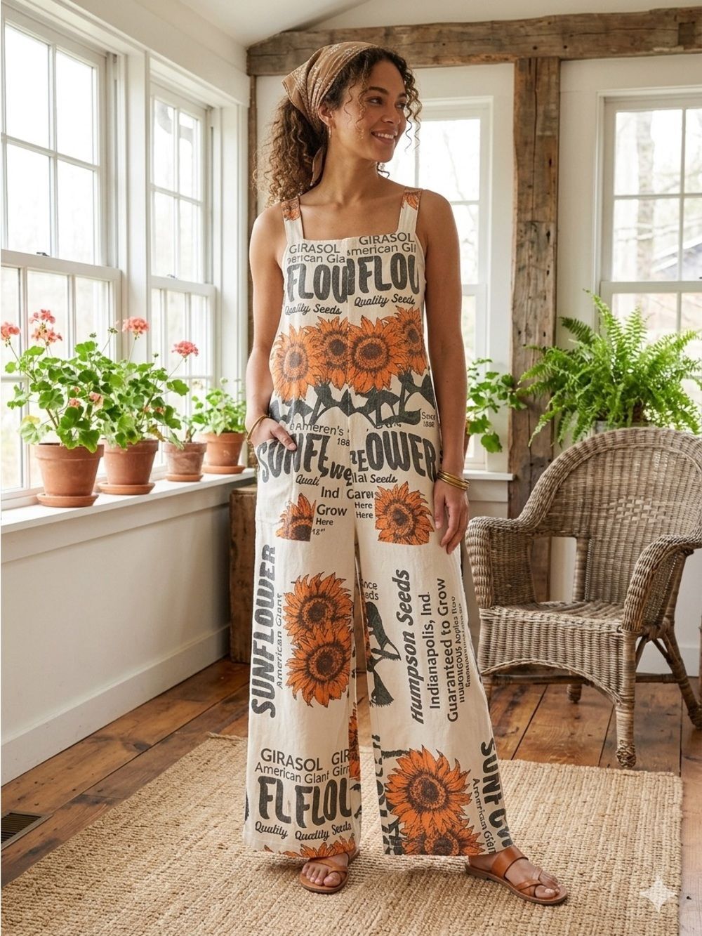 Sunflower Print Wide-Leg Jumpsuit - Cream & Orange